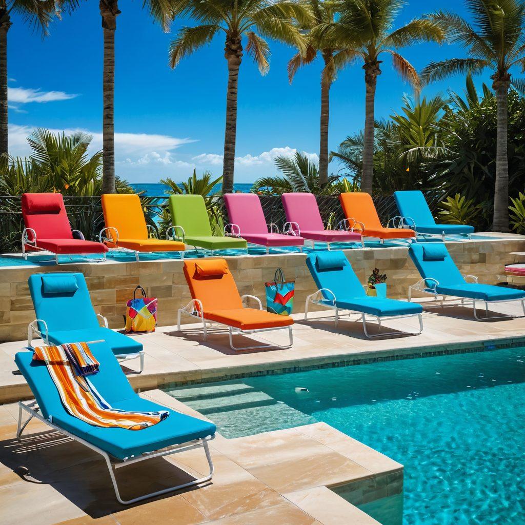 A vibrant, sun-soaked poolside scene featuring an array of stylish swimwear pieces displayed on colorful lounge chairs. Palm trees sway gently in the background, and a crystal-clear pool reflects the blue sky. Include a beach bag and sunglasses as accessories for a complete vacation vibe. Emphasize bright colors and the feeling of luxury and relaxation. tropical, vibrant colors, super-realistic.